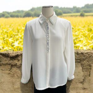 Koret Petites White Polyester Blouse 12 Embellished Collar & Cuffs Elegant Retro